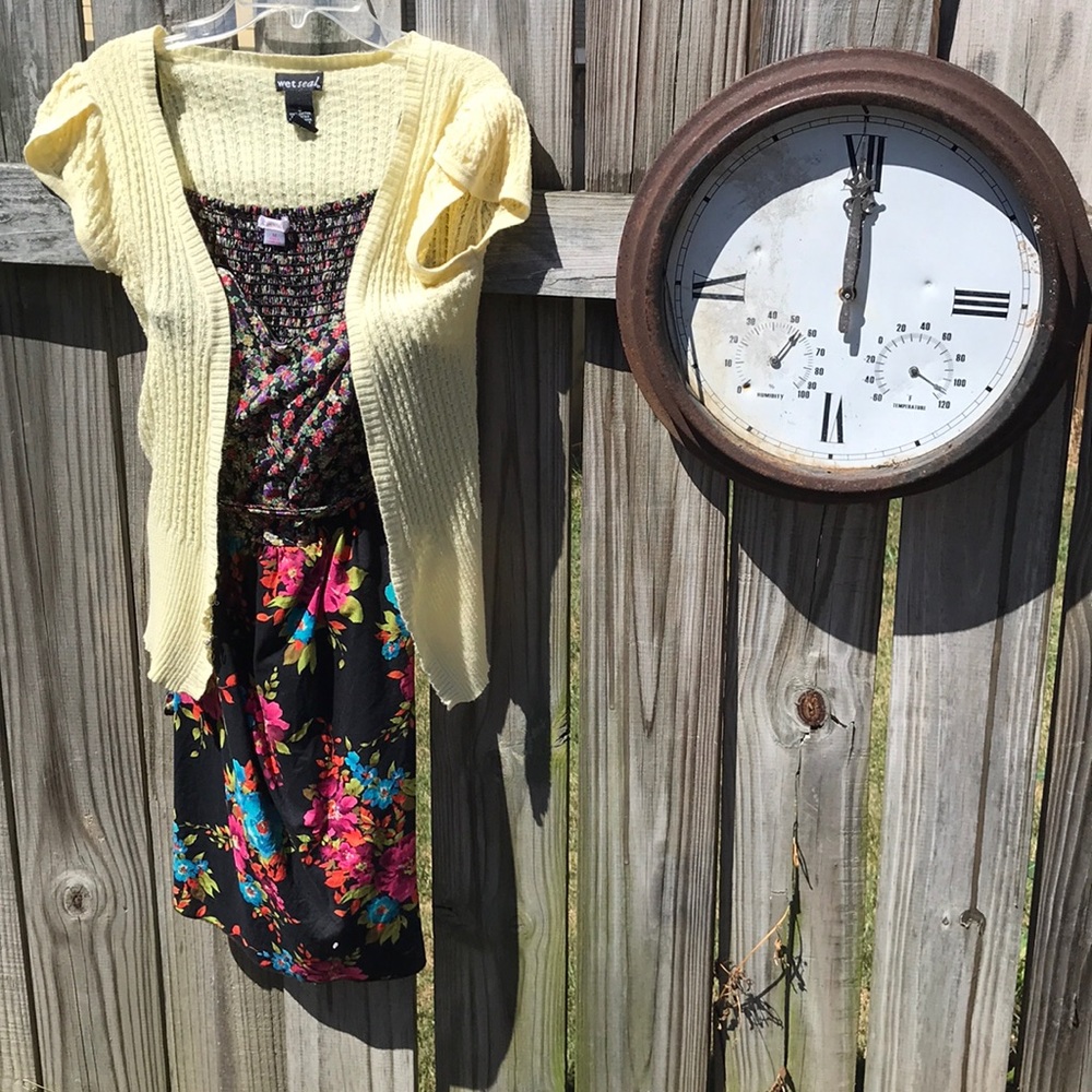 Strap less dress, floral design & yellow sweater.